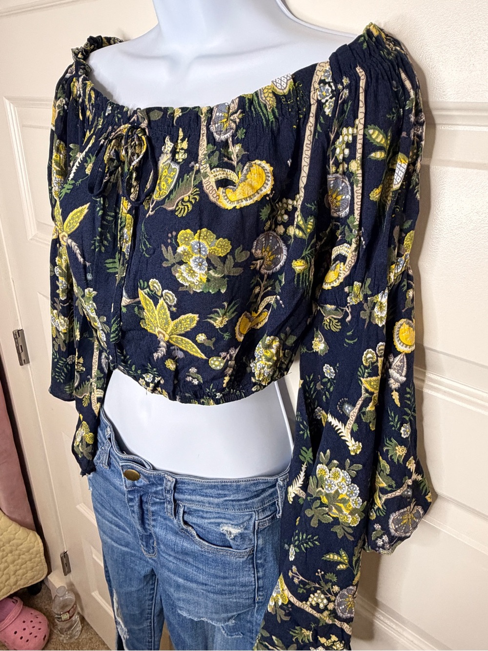 HOMAGE Black Floral Off-Shoulder Crop Top with Yellow Accents